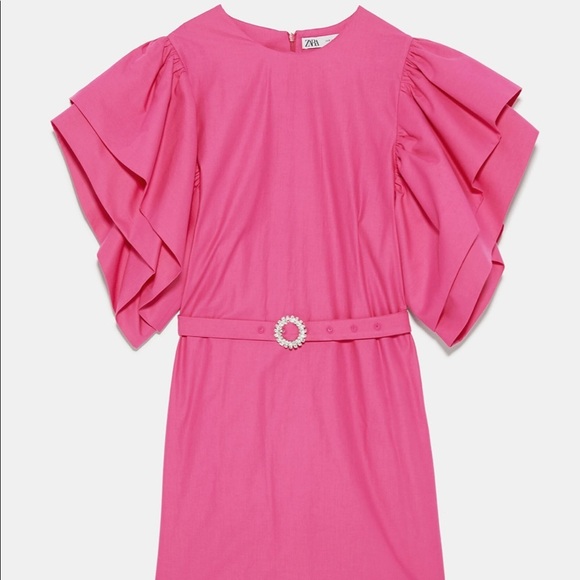 ZARA BNWT Pink Mini Dress with Voluminous Sleeves and Jeweled Buckle Belt Sz M - Picture 8 of 8